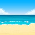 Sandy Beach with Sea Waves. Summer Background with Sand Shoe, Sea or Ocean and Sky with Clouds. Tropical Landscape for Travel Royalty Free Stock Photo